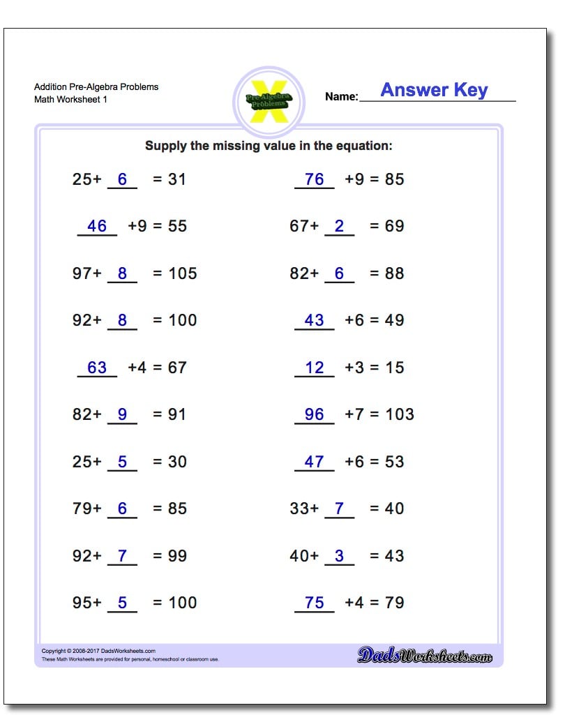 Addition Pre-Algebra Worksheets