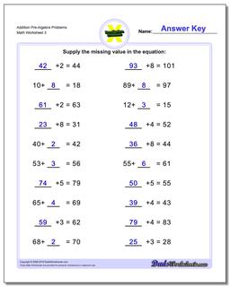 Addition Worksheet Pre-Algebra Problems Worksheet