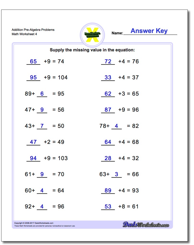 Addition Worksheet Pre-Algebra Problems Worksheet