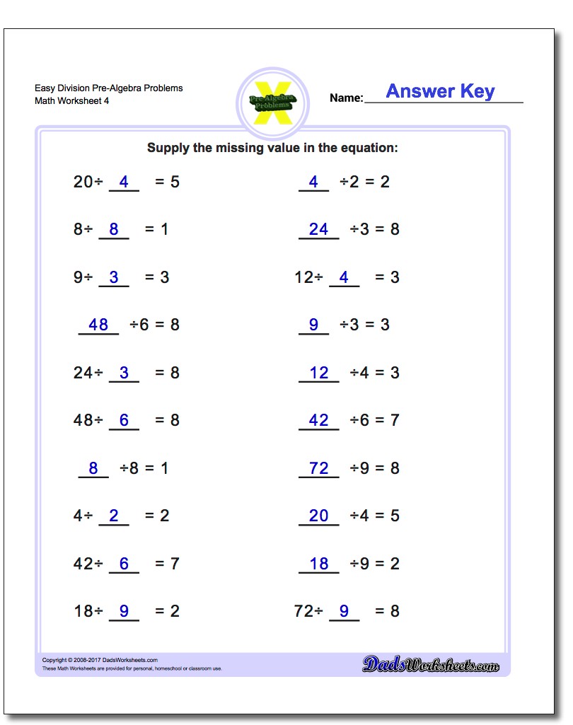 Easy Division Worksheet Pre-Algebra Problems Worksheet