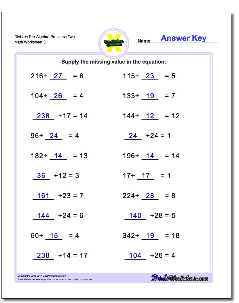 Division Worksheet Pre-Algebra Problems Worksheet Two