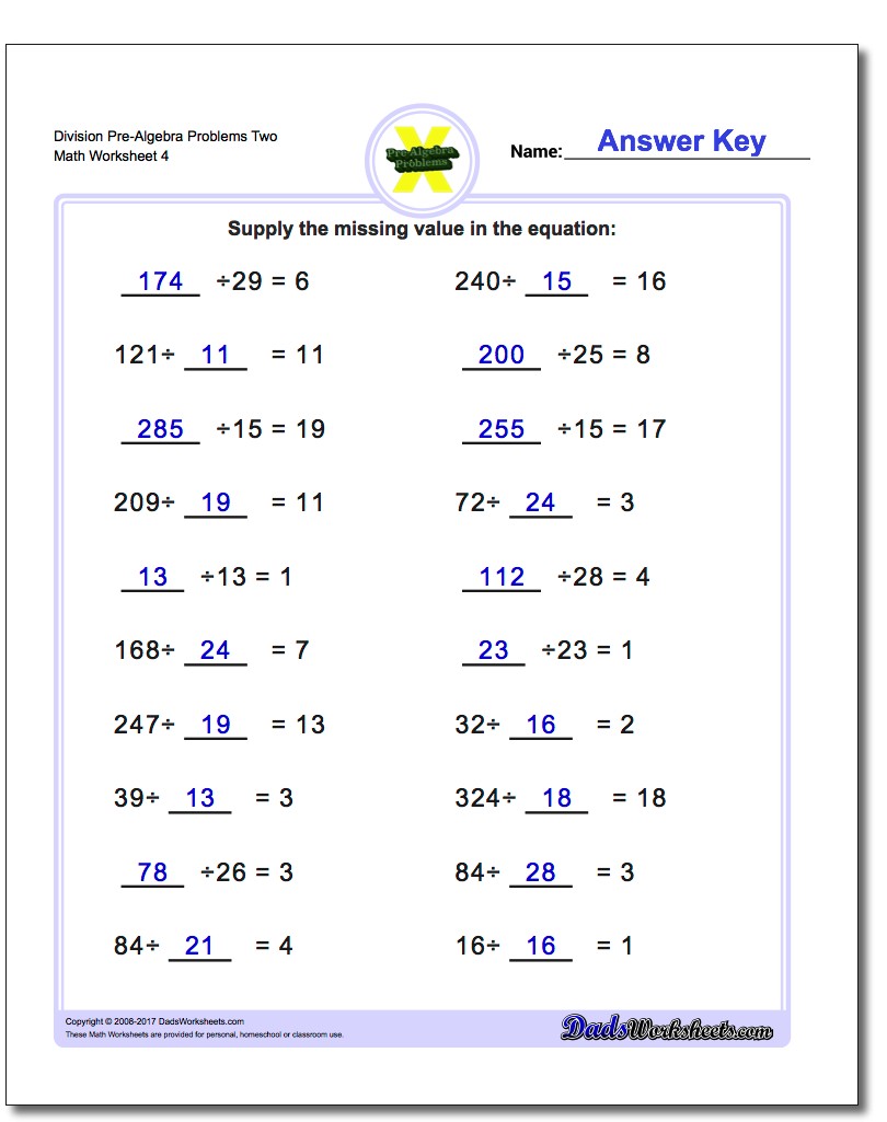 Division Pre-Algebra Worksheets
