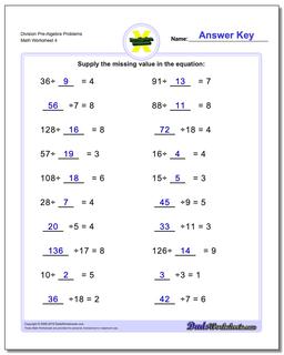 Division Worksheet Pre-Algebra Problems Worksheet