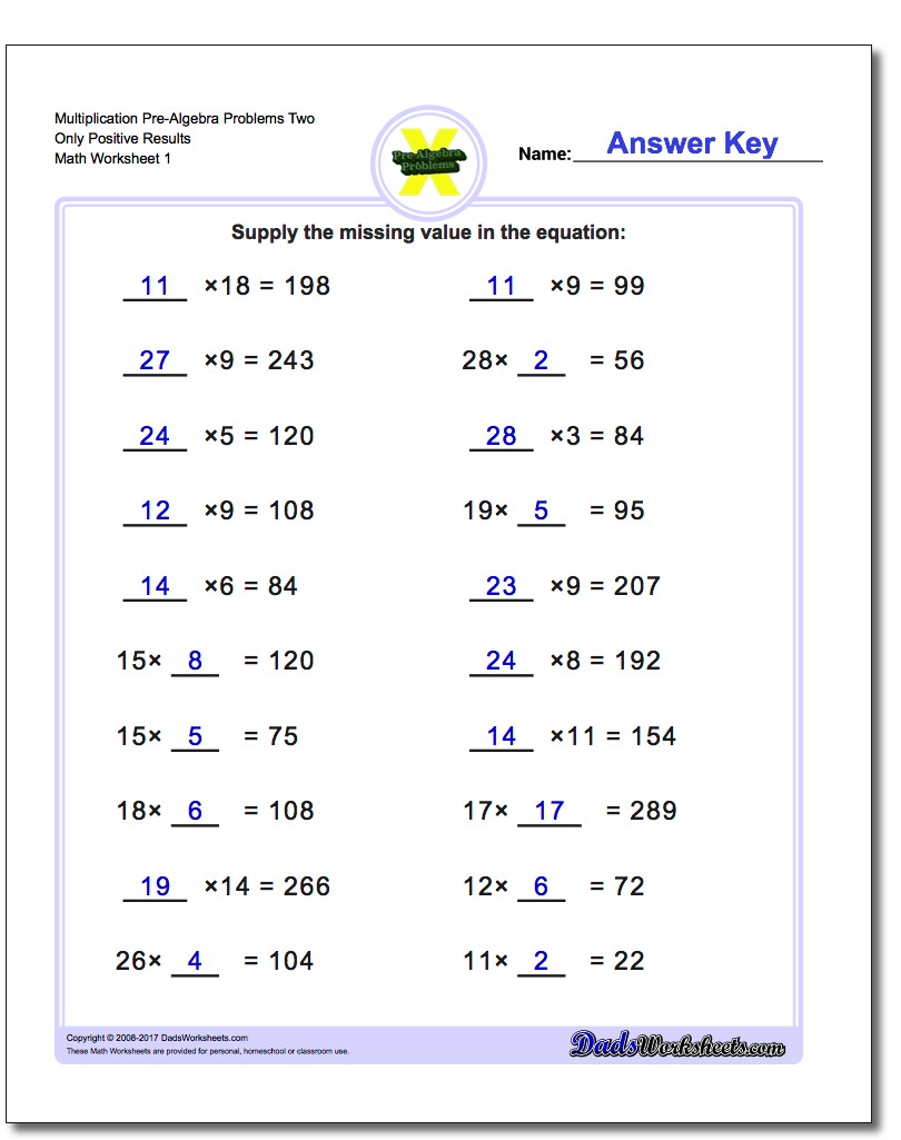 Pre-Algebra Worksheet Multiplication Problems Two Only Positive Results