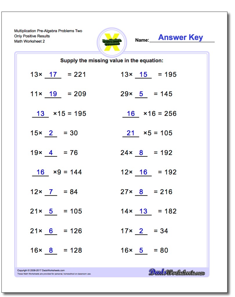 Multiplication Worksheet Pre-Algebra Problems Worksheet Two Only Positive Results www.dadsworksheets.com/worksheets/pre-algebra.html
