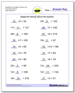 Multiplication Worksheet Pre-Algebra Problems Worksheet Two Only Positive Results