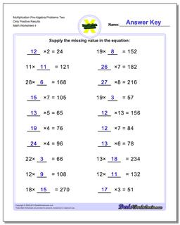 Multiplication Worksheet Pre-Algebra Problems Worksheet Two Only Positive Results