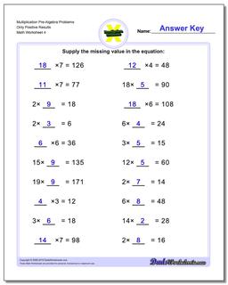 Multiplication Worksheet Pre-Algebra Problems Worksheet Only Positive Results