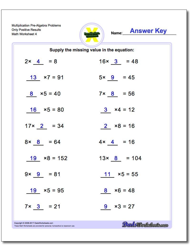 Multiplication Worksheet Pre-Algebra Problems Worksheet Only Positive Results