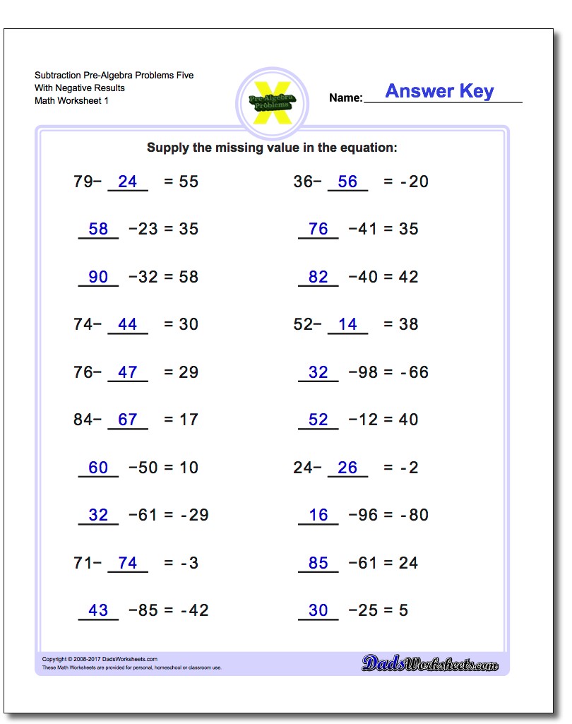 Pre-Algebra Worksheet Subtraction Problems Five With Negative Results