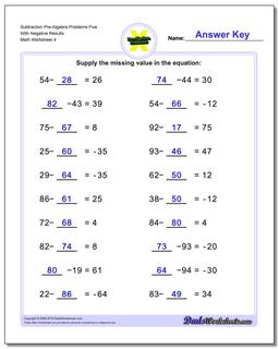 Subtraction Worksheet Pre-Algebra Problems Worksheet Five With Negative Results