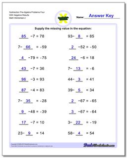 Subtraction Worksheet Pre-Algebra Problems Worksheet Four With Negative Results /worksheets/pre-algebra.html