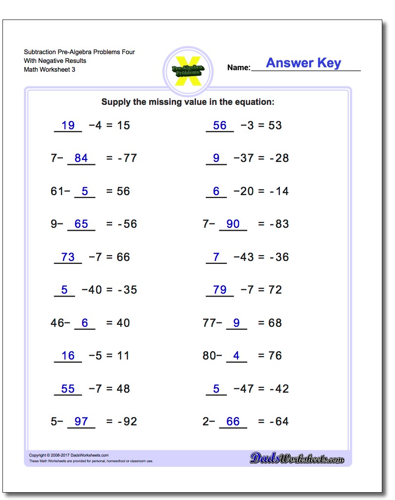Subtraction Worksheet Pre-Algebra Problems Worksheet Four With Negative Results