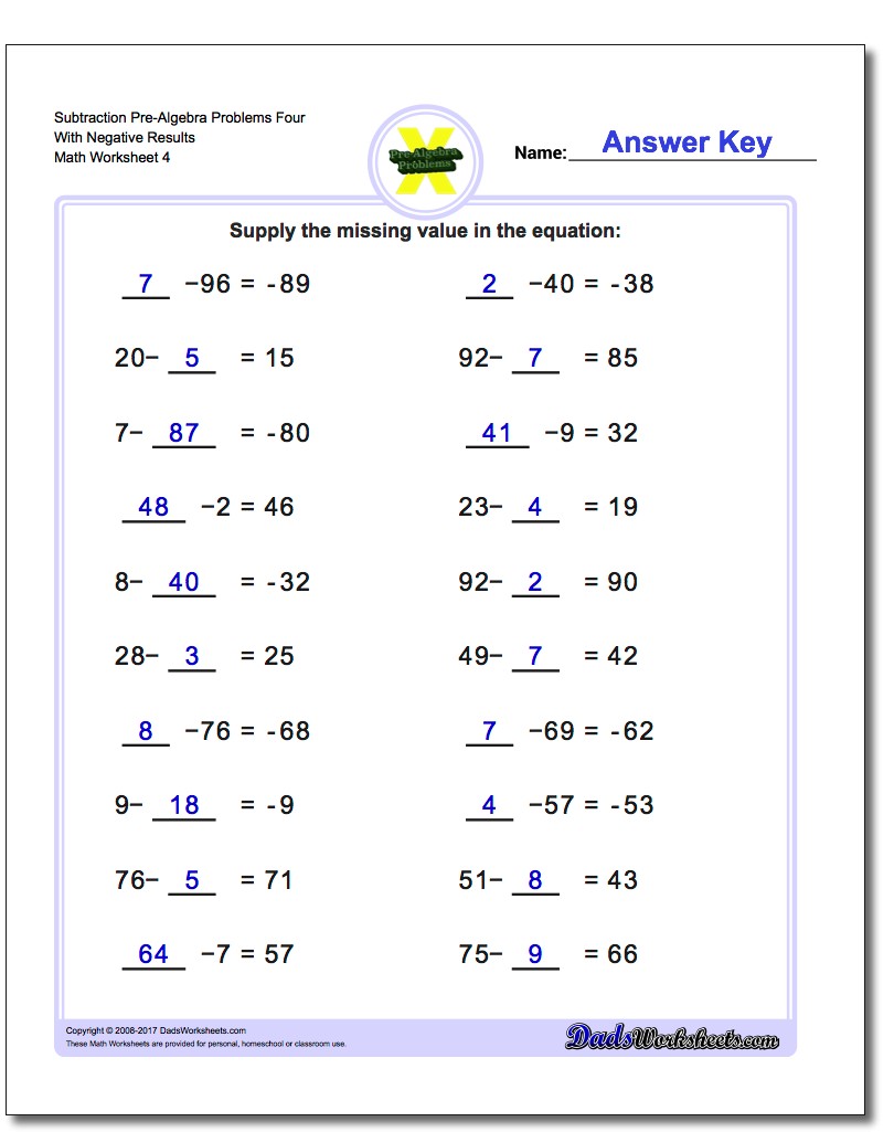 Subtraction Worksheet Pre-Algebra Problems Worksheet Four With Negative Results