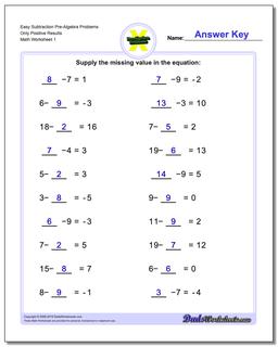 Pre-Algebra Worksheet Easy Subtraction Problems Only Positive Results