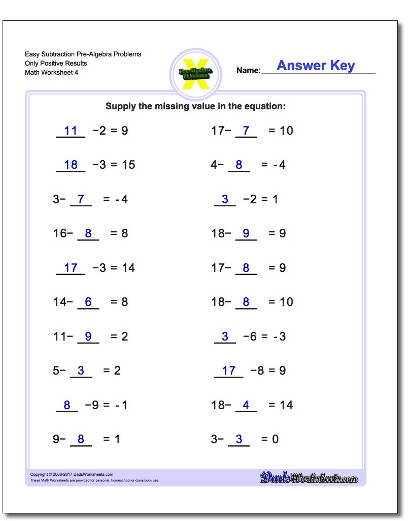 Easy Subtraction Worksheet Pre-Algebra Problems Worksheet Only Positive Results