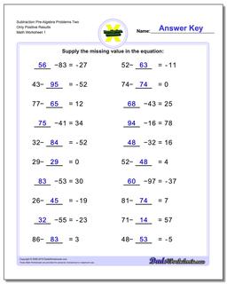 Pre-Algebra Worksheet Subtraction Problems Two Only Positive Results