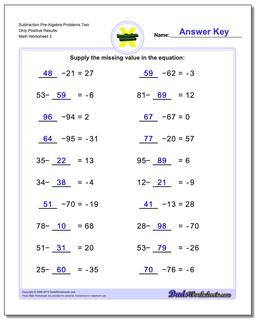 Subtraction Worksheet Pre-Algebra Problems Worksheet Two Only Positive Results