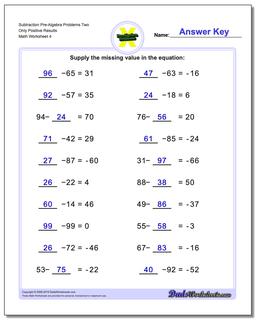 Subtraction Worksheet Pre-Algebra Problems Worksheet Two Only Positive Results