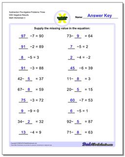 Subtraction Worksheet Pre-Algebra Problems Worksheet Three With Negative Results