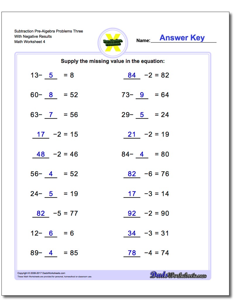 Subtraction Worksheet Pre-Algebra Problems Worksheet Three With Negative Results