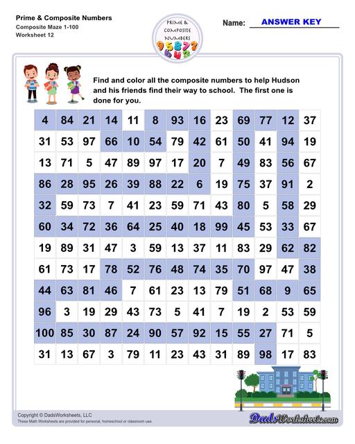 Prime and composite numbers are differentiated based on the number of factors they have. These worksheets require students to identify prime or composite numbers, and they can use one of a collection prime or composite number charts to help!  Prime And Composite Numbers Maze V4