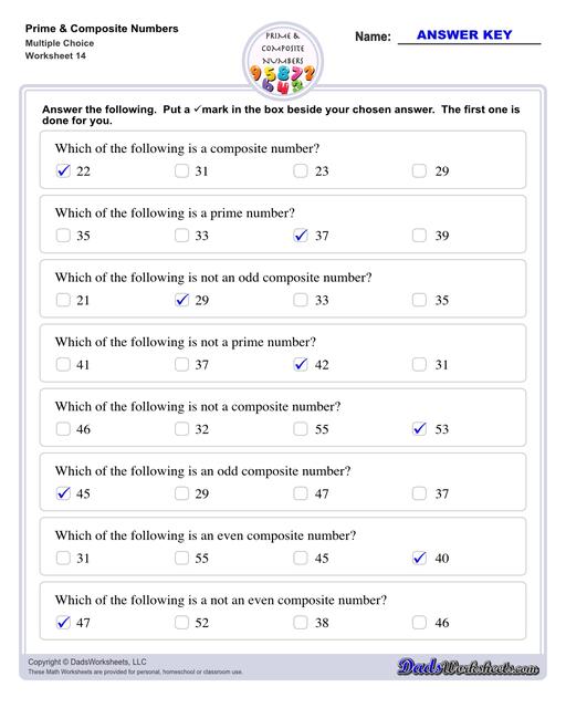 Prime and composite numbers are differentiated based on the number of factors they have. These worksheets require students to identify prime or composite numbers, and they can use one of a collection prime or composite number charts to help!  Prime And Composite Numbers Multiple Choice Questions V2