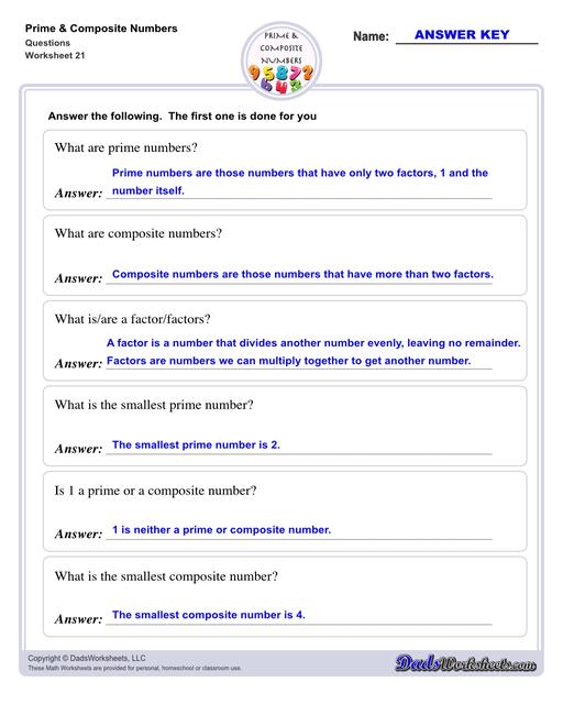 Prime and composite numbers are differentiated based on the number of factors they have. These worksheets require students to identify prime or composite numbers, and they can use one of a collection prime or composite number charts to help!  Prime And Composite Numbers Questions V1