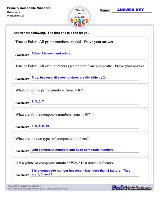 Prime and composite numbers are differentiated based on the number of factors they have. These worksheets require students to identify prime or composite numbers, and they can use one of a collection prime or composite number charts to help!  Prime And Composite Numbers Questions V2