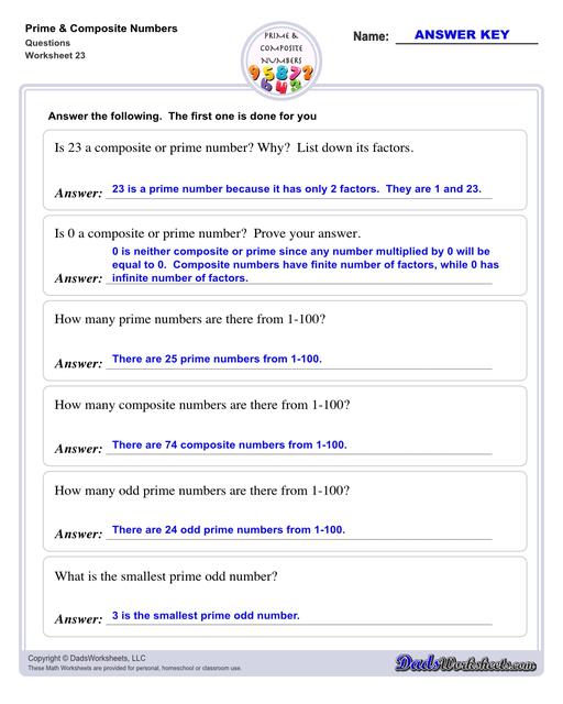 Prime and composite numbers are differentiated based on the number of factors they have. These worksheets require students to identify prime or composite numbers, and they can use one of a collection prime or composite number charts to help!  Prime And Composite Numbers Questions V3