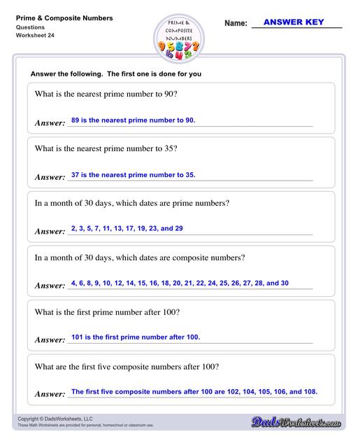 Prime and composite numbers are differentiated based on the number of factors they have. These worksheets require students to identify prime or composite numbers, and they can use one of a collection prime or composite number charts to help!  Prime And Composite Numbers Questions V4