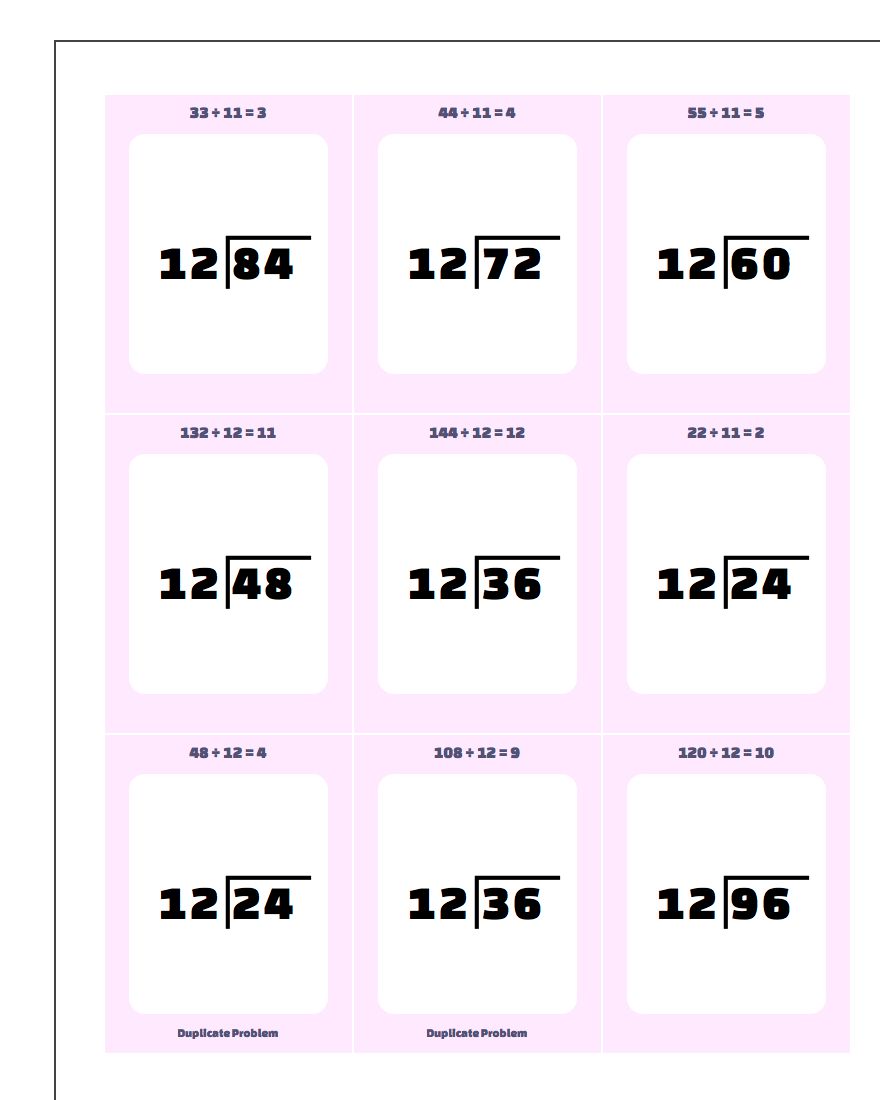 Division Worksheet by 10, 11, 12 Facts www.dadsworksheets.com/worksheets/printable-flash-cards.html