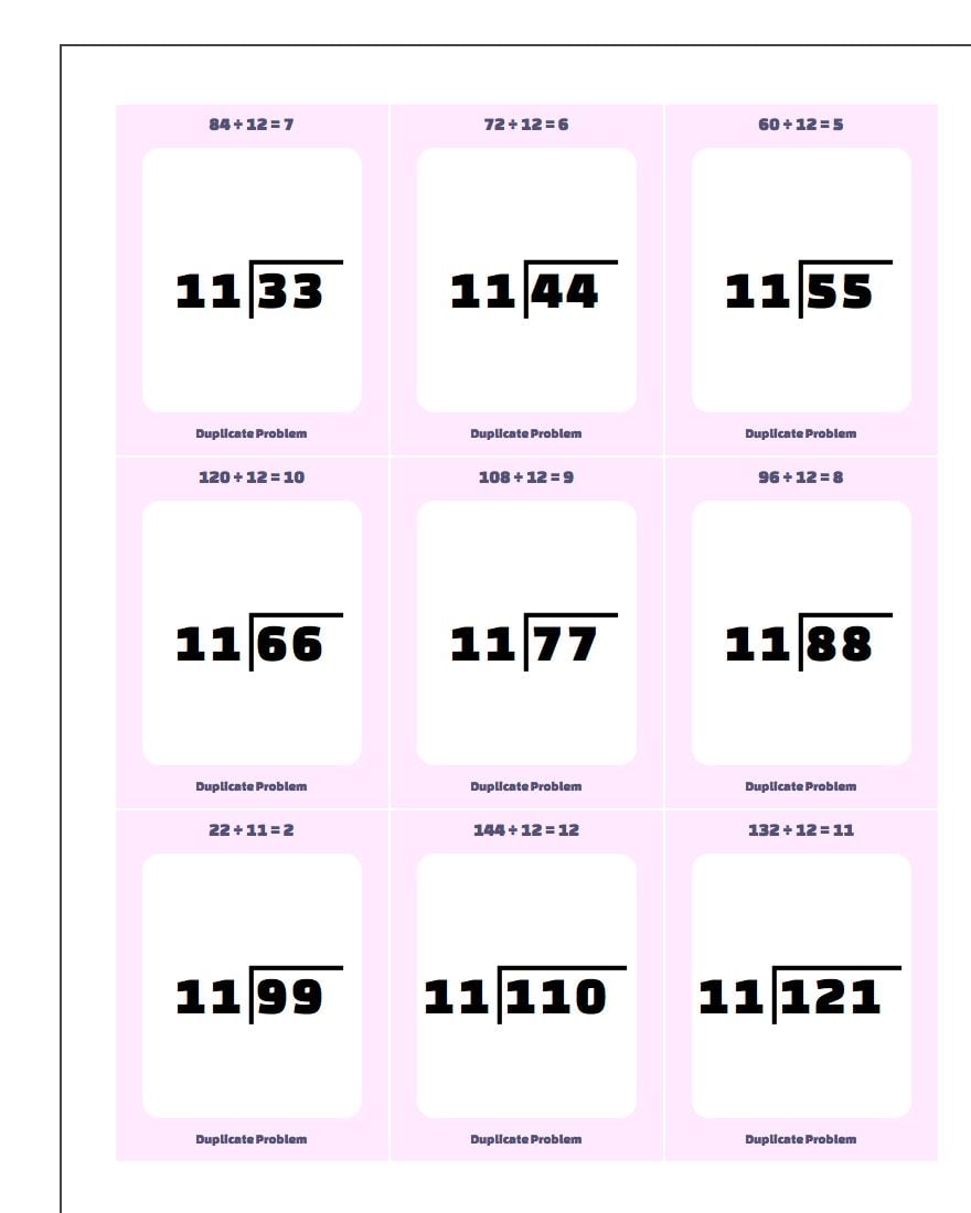 Division by 10, 11, 12 Flash Cards