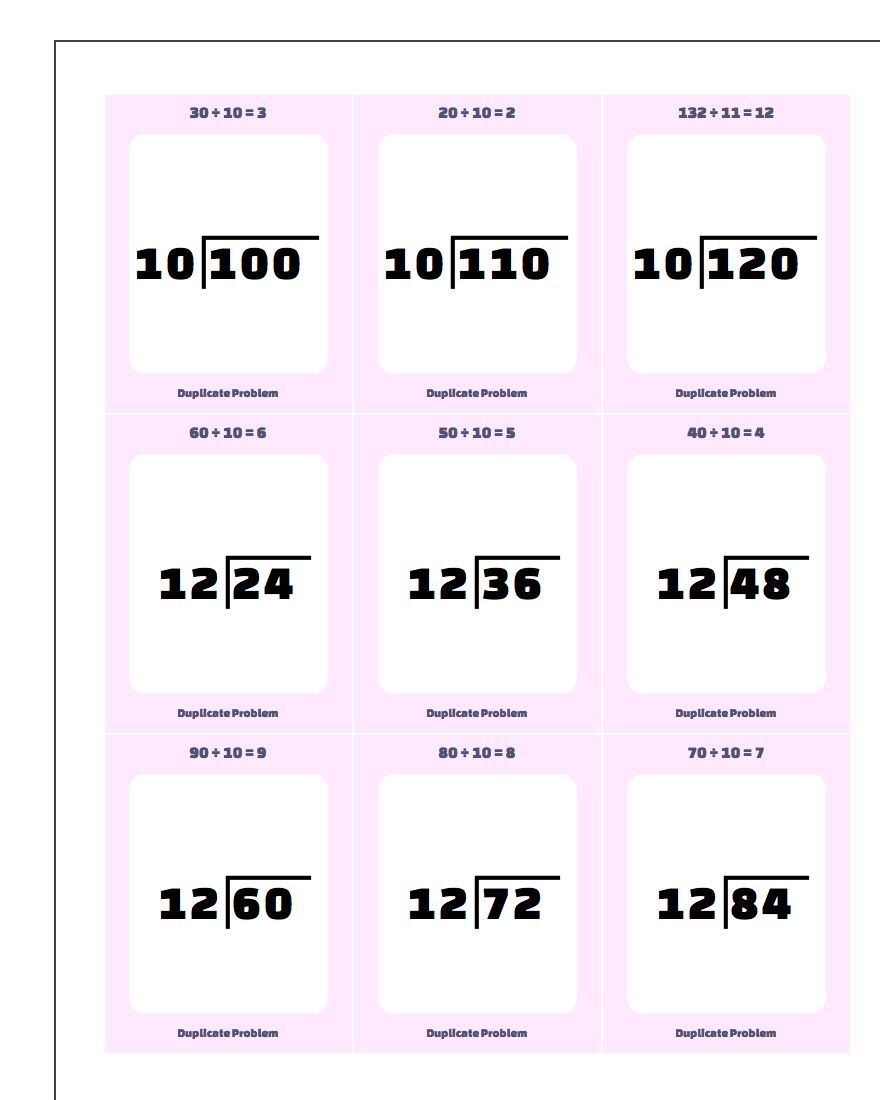 Division Worksheet by 10, 11, 12 Facts