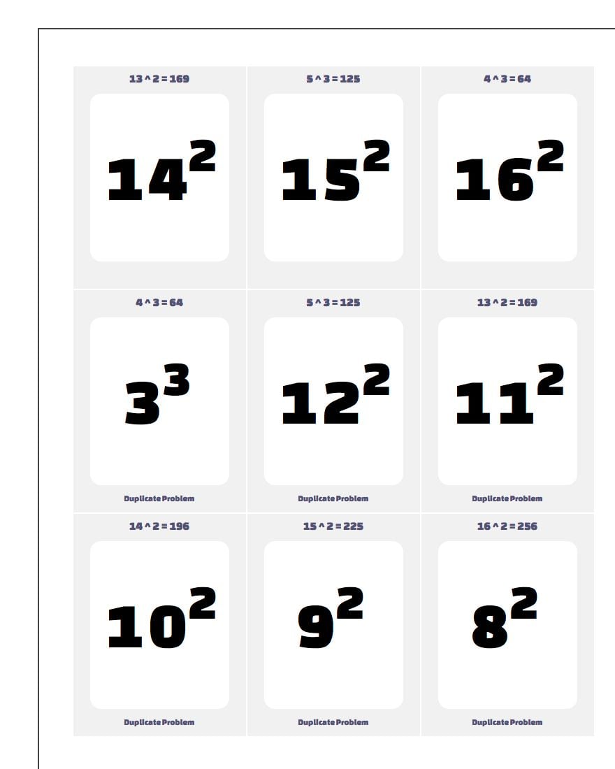 Common Exponent Facts Flashcards www.dadsworksheets.com/worksheets/printable-flash-cards.html Worksheet