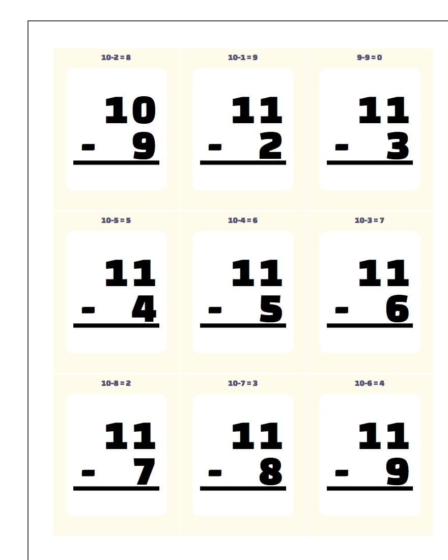 Subtraction Flash Cards