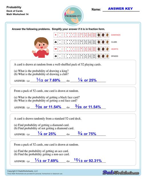 Probability worksheets including simple coin tosses, spinners and dice throws. These worksheets also include vocabulary for solving probability problems as percentages, decimals or fraction values representing that measurement of possible outcomes for simple problems.  Drawing Cards Probability Worksheets V2