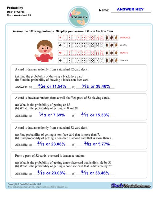 Probability worksheets including simple coin tosses, spinners and dice throws. These worksheets also include vocabulary for solving probability problems as percentages, decimals or fraction values representing that measurement of possible outcomes for simple problems.  Drawing Cards Probability Worksheets V3