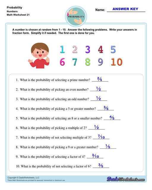 Probability worksheets including simple coin tosses, spinners and dice throws. These worksheets also include vocabulary for solving probability problems as percentages, decimals or fraction values representing that measurement of possible outcomes for simple problems.  Probability Picking Numbers V1