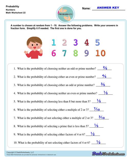 Probability worksheets including simple coin tosses, spinners and dice throws. These worksheets also include vocabulary for solving probability problems as percentages, decimals or fraction values representing that measurement of possible outcomes for simple problems.  Probability Picking Numbers V2