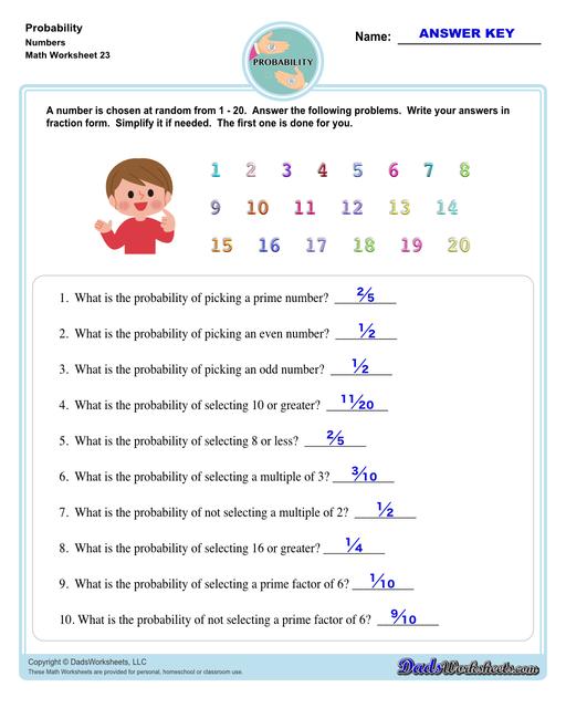 Probability worksheets including simple coin tosses, spinners and dice throws. These worksheets also include vocabulary for solving probability problems as percentages, decimals or fraction values representing that measurement of possible outcomes for simple problems.  Probability Picking Numbers V3