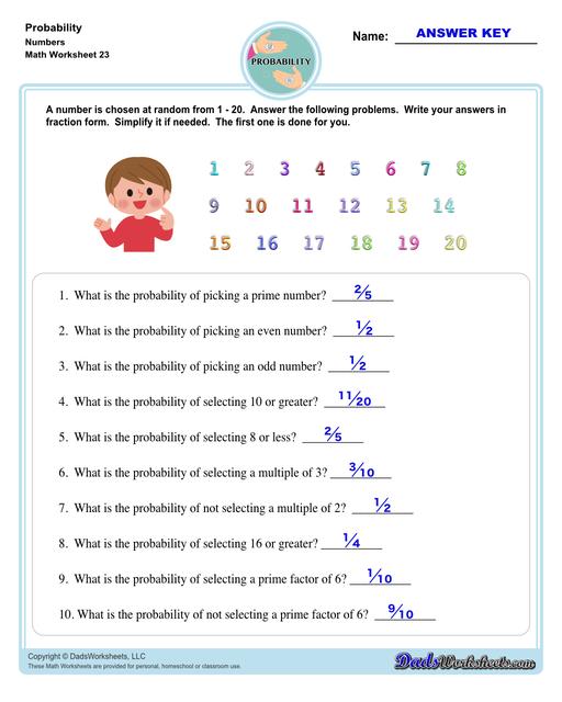Probability worksheets including simple coin tosses, spinners and dice throws. These worksheets also include vocabulary for solving probability problems as percentages, decimals or fraction values representing that measurement of possible outcomes for simple problems.  Probability Picking Numbers V3