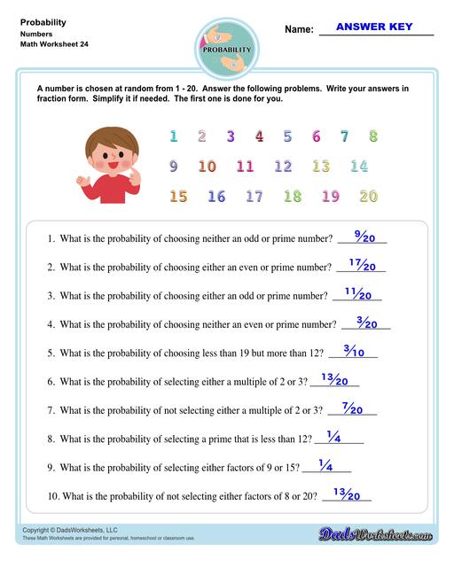 Probability worksheets including simple coin tosses, spinners and dice throws. These worksheets also include vocabulary for solving probability problems as percentages, decimals or fraction values representing that measurement of possible outcomes for simple problems.  Probability Picking Numbers V4