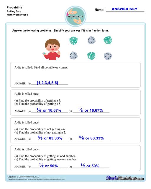 Probability worksheets including simple coin tosses, spinners and dice throws. These worksheets also include vocabulary for solving probability problems as percentages, decimals or fraction values representing that measurement of possible outcomes for simple problems.  Probability Problems Rolling Dice V1