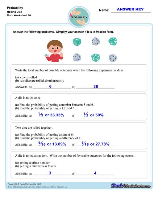 Probability worksheets including simple coin tosses, spinners and dice throws. These worksheets also include vocabulary for solving probability problems as percentages, decimals or fraction values representing that measurement of possible outcomes for simple problems.  Probability Problems Rolling Dice V2