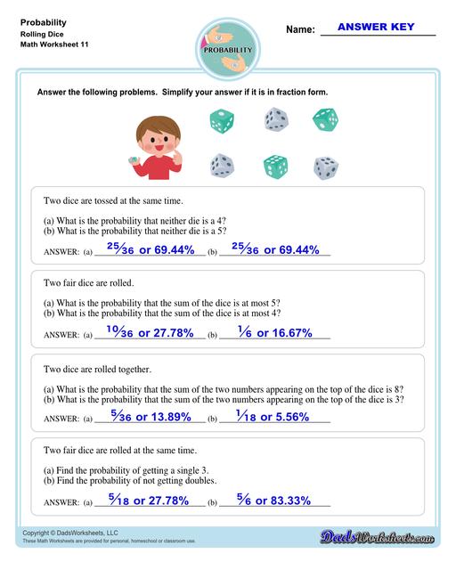 Probability worksheets including simple coin tosses, spinners and dice throws. These worksheets also include vocabulary for solving probability problems as percentages, decimals or fraction values representing that measurement of possible outcomes for simple problems.  Probability Problems Rolling Dice V3