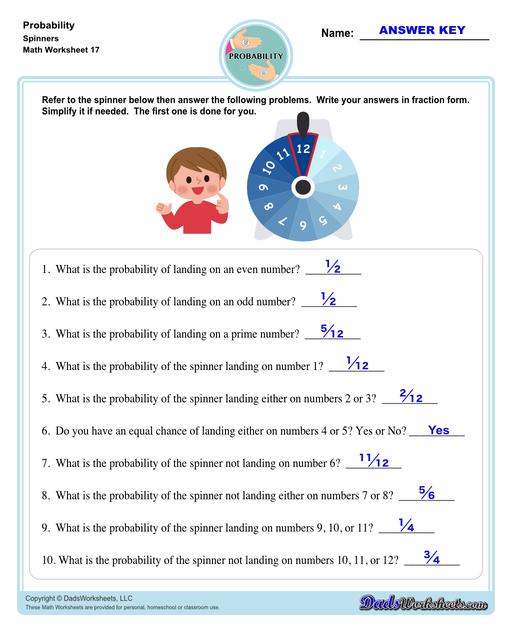 Probability worksheets including simple coin tosses, spinners and dice throws. These worksheets also include vocabulary for solving probability problems as percentages, decimals or fraction values representing that measurement of possible outcomes for simple problems.  Probability Problems Spinners V1