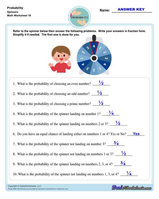 Probability worksheets including simple coin tosses, spinners and dice throws. These worksheets also include vocabulary for solving probability problems as percentages, decimals or fraction values representing that measurement of possible outcomes for simple problems.  Probability Problems Spinners V2