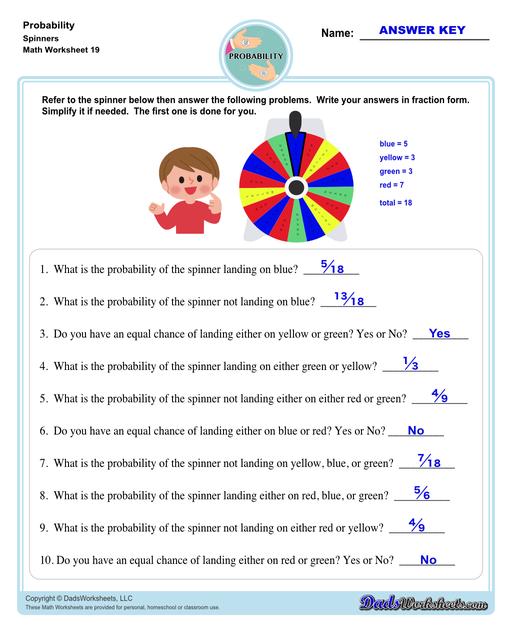 Probability worksheets including simple coin tosses, spinners and dice throws. These worksheets also include vocabulary for solving probability problems as percentages, decimals or fraction values representing that measurement of possible outcomes for simple problems.  Probability Problems Spinners V3