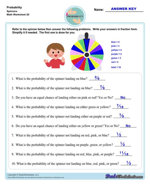 Probability worksheets including simple coin tosses, spinners and dice throws. These worksheets also include vocabulary for solving probability problems as percentages, decimals or fraction values representing that measurement of possible outcomes for simple problems.  Probability Problems Spinners V4